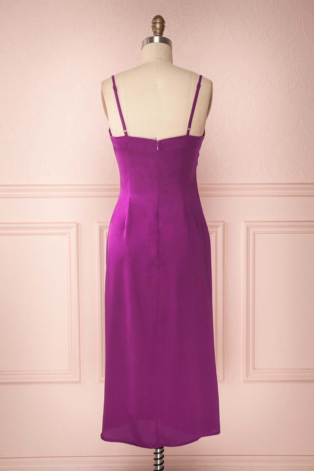 Chloe Fuchsia | Robe Midi en Satin à Col Baveux