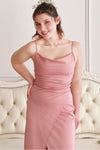 Chloe Pink Cowl Neck Satin Midi Slip Dress | Boutique 1861 on model