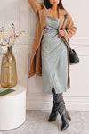 Chloe Silver Cowl Neck Silky Midi Slip Dress | Boutique 1861 on model with coat
