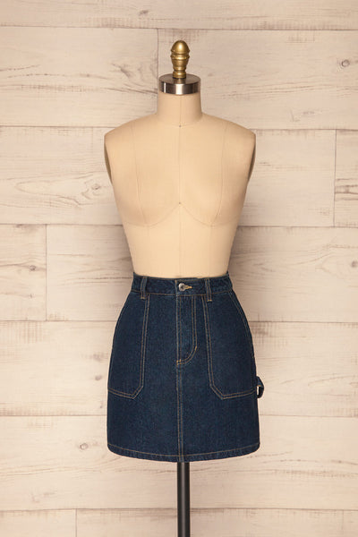 Cieszyn Dark Blue Denim Mini Skirt with Pockets | La Petite Garçonne front view