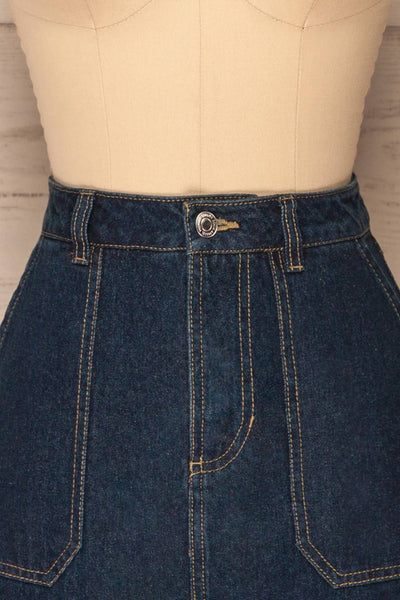 Cieszyn Dark Blue Denim Mini Skirt with Pockets | La Petite Garçonne front close-up