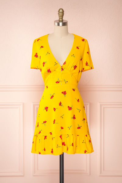 Citlali Yellow Short Sleeve Floral Dress | Boutique 1861 front view