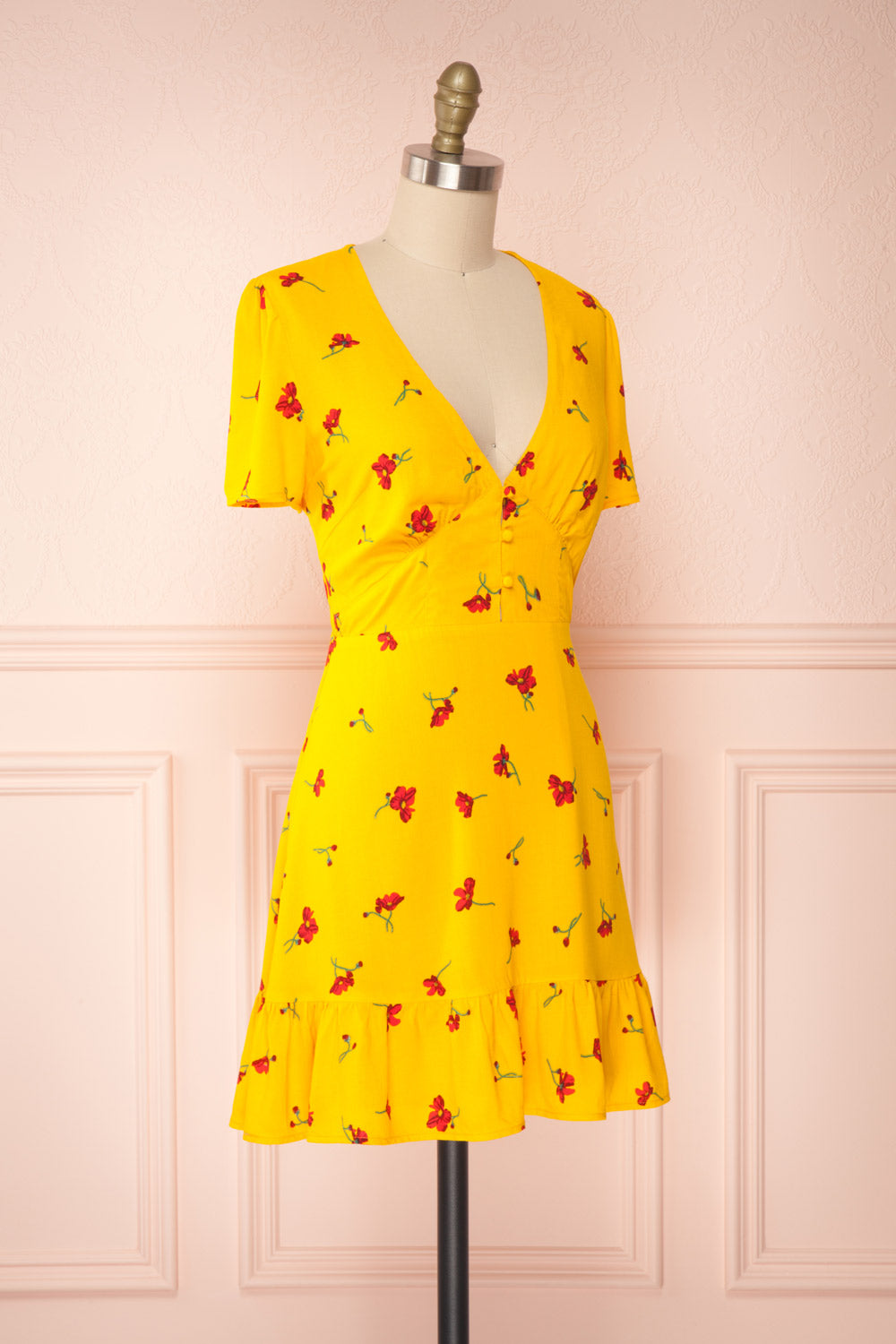 Citlali Yellow Short Sleeve Floral Dress | Boutique 1861 side view