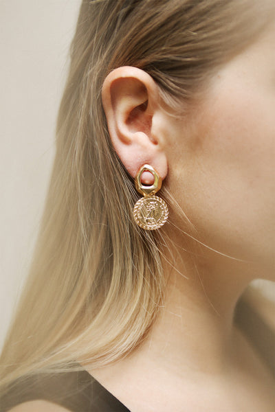 Clementia Gold Pendant Earrings with Medallion | La Petite Garçonne on model