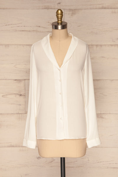 Clonmel Blanc White V-Neck Shirt front view | La Petite Garçonne