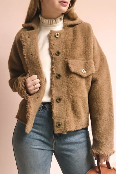 Alfonsia Brown Fuzzy Jacket w/ Buttons | La Petite Garçonne model close up