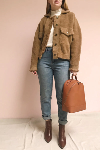 Alfonsia Brown Fuzzy Jacket w/ Buttons | La Petite Garçonne model look