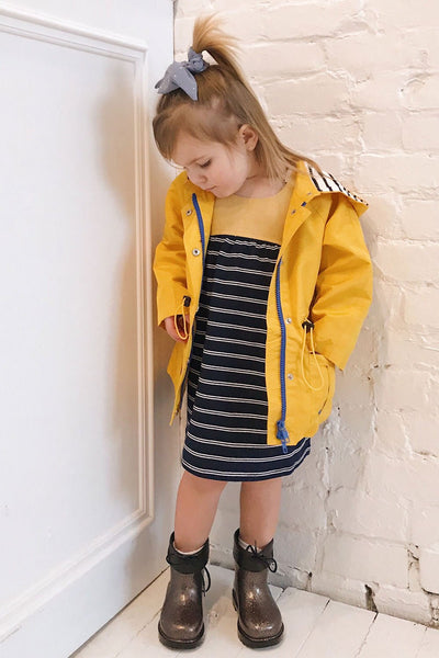 Ermia Mini Navy Striped Kids Tunic Dress | La Petite Garçonne on model