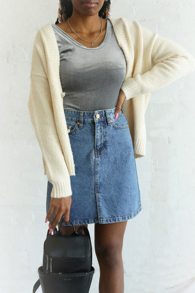 Coevorden Light Blue Jean Mini Skirt | La Petite Garçonne on model