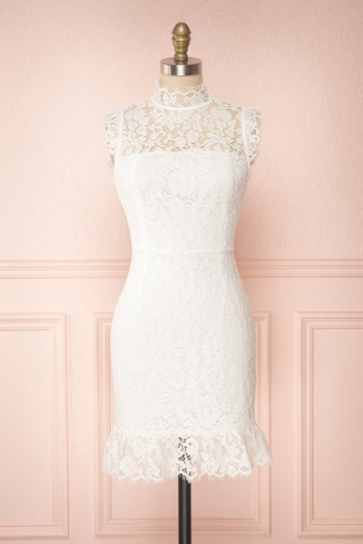 Colombe White High-Neck Lace Short Dress | Boutique 1861 front view