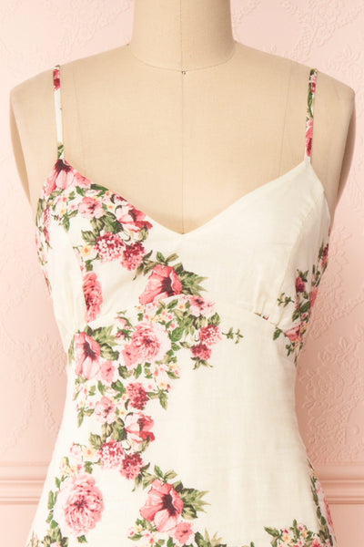 Colombine White Floral Midi Dress w/ Frills | Boutique 1861 front close-up
