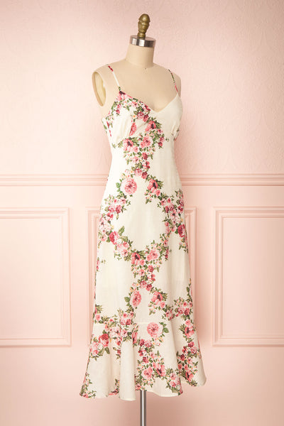 Colombine White Floral Midi Dress w/ Frills | Boutique 1861 side view