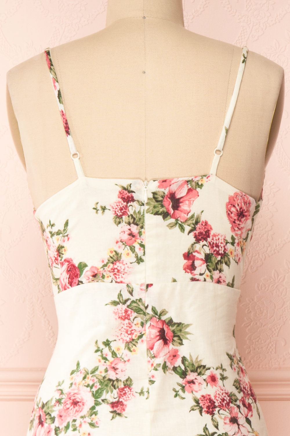 Colombine White Floral Midi Dress w/ Frills | Boutique 1861 back close-up