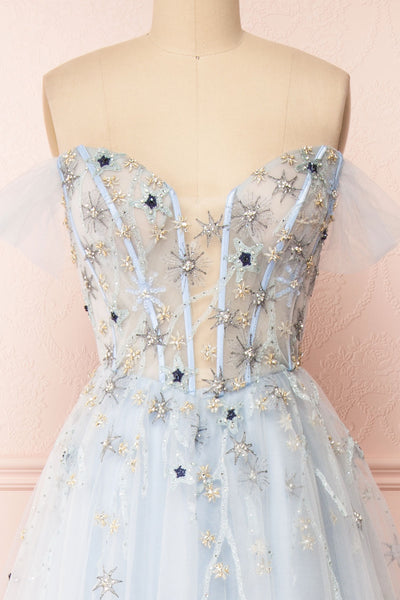 Cosima Blue Voluminous Bustier Maxi Dress | Boutique 1861 front close-up