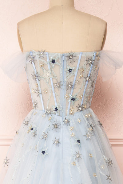 Cosima Blue Voluminous Bustier Maxi Dress | Boutique 1861 back close-up