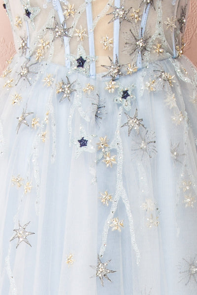 Cosima Blue Voluminous Bustier Maxi Dress | Boutique 1861 fabric
