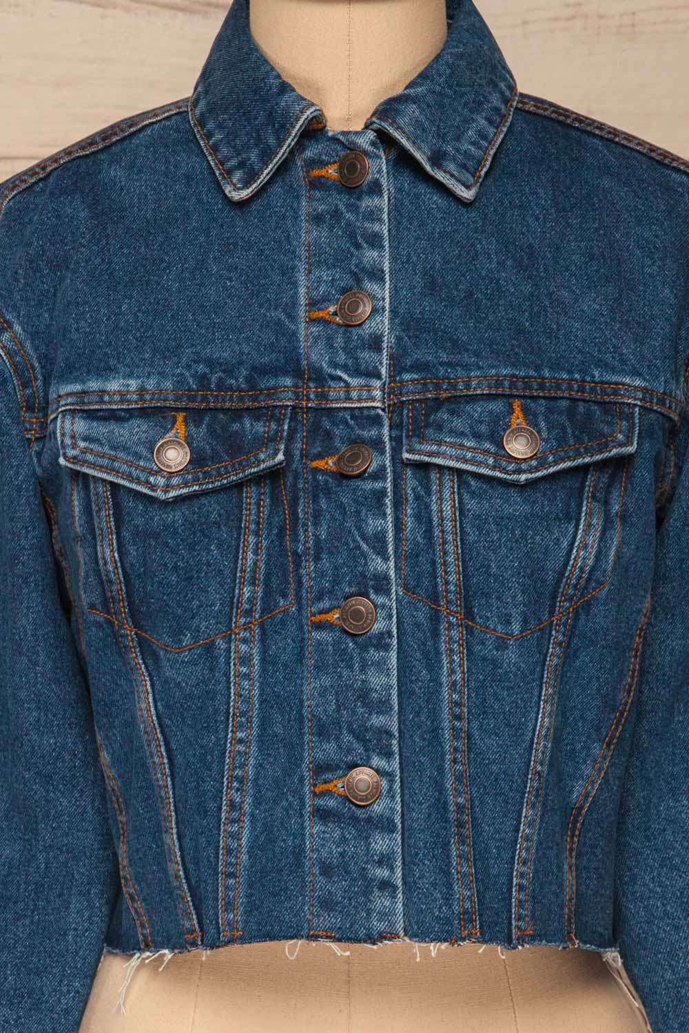 Cransac Crop Jean Jacket | Veston Denim | La Petite Garçonne front close-up