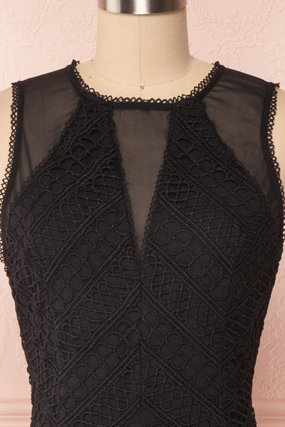Cybele Black Crochet Midi Cocktail Dress face close up | Boutique 1861
