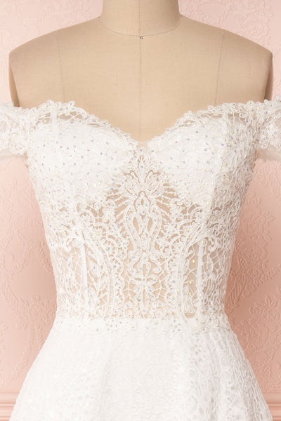 Cybelle White Lace Off-Shoulder A-Line Bridal Dress front close up | Boudoir 1861