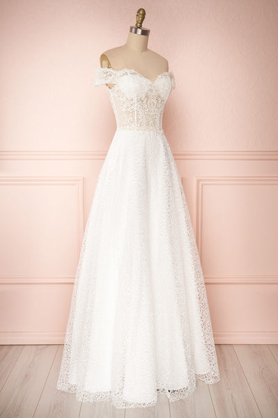 Cybelle White Lace Off-Shoulder A-Line Bridal Dress side view | Boudoir 1861