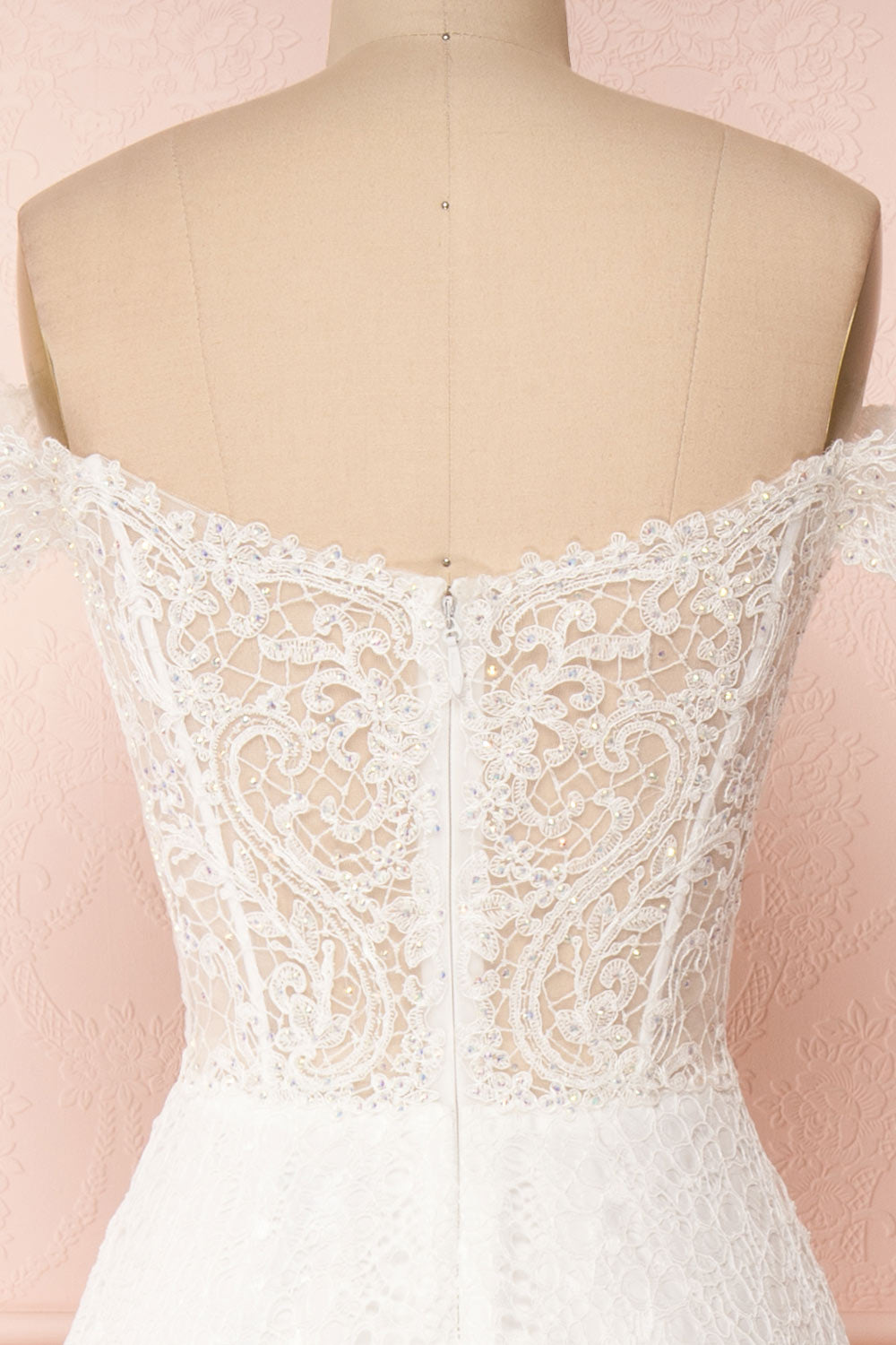 Cybelle White Lace Off-Shoulder A-Line Bridal Dress back close up | Boudoir 1861