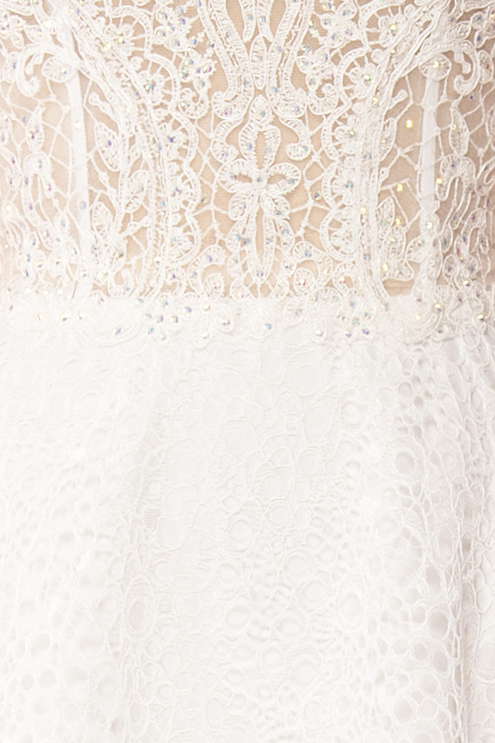 Cybelle White Lace Off-Shoulder A-Line Bridal Dress fabric close up | Boudoir 1861