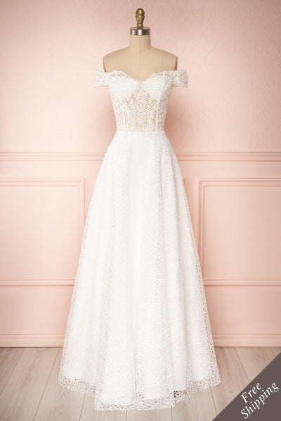 Cybelle White Lace Off-Shoulder A-Line Bridal Dress front view | Boudoir 1861