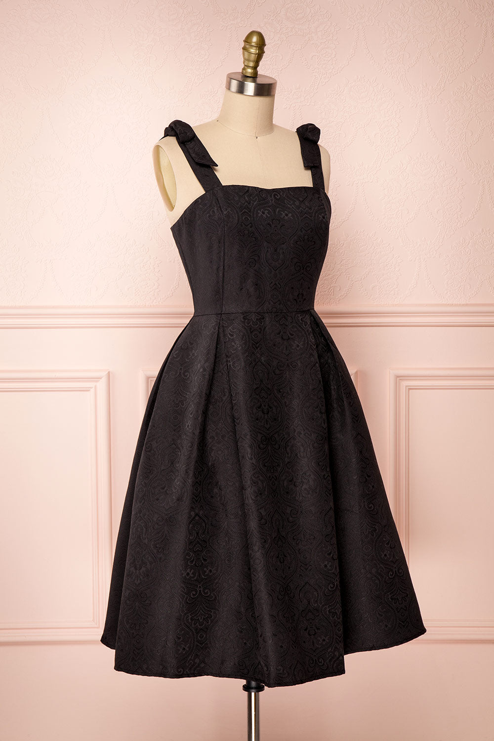 Cybill Black Brocade A-Line Cocktail Dress with Bows | Boutique 1861