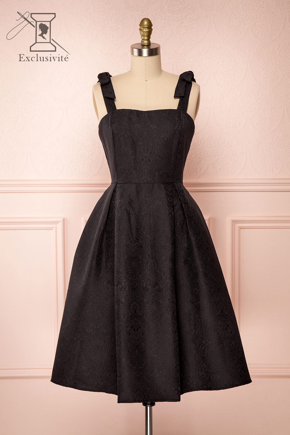 Cybill Black Brocade A-Line Cocktail Dress with Bows | Boutique 1861