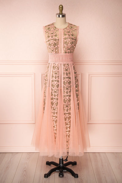 Cynosura Pink & Taupe Mesh Embroidered Maxi Dress | Boutique 1861 fabric