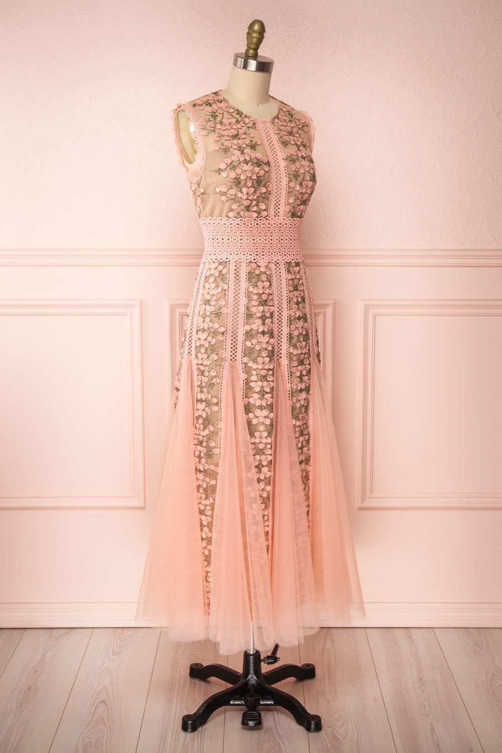 Cynosura Pink & Taupe Mesh Embroidered Maxi Dress | Boutique 1861 side view