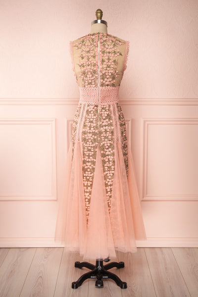 Cynosura Pink & Taupe Mesh Embroidered Maxi Dress | Boutique 1861 back view
