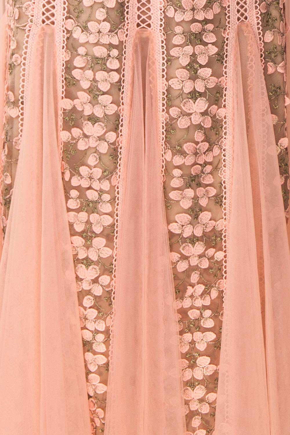 Cynosura Pink & Taupe Mesh Embroidered Maxi Dress | Boutique 1861 fabric