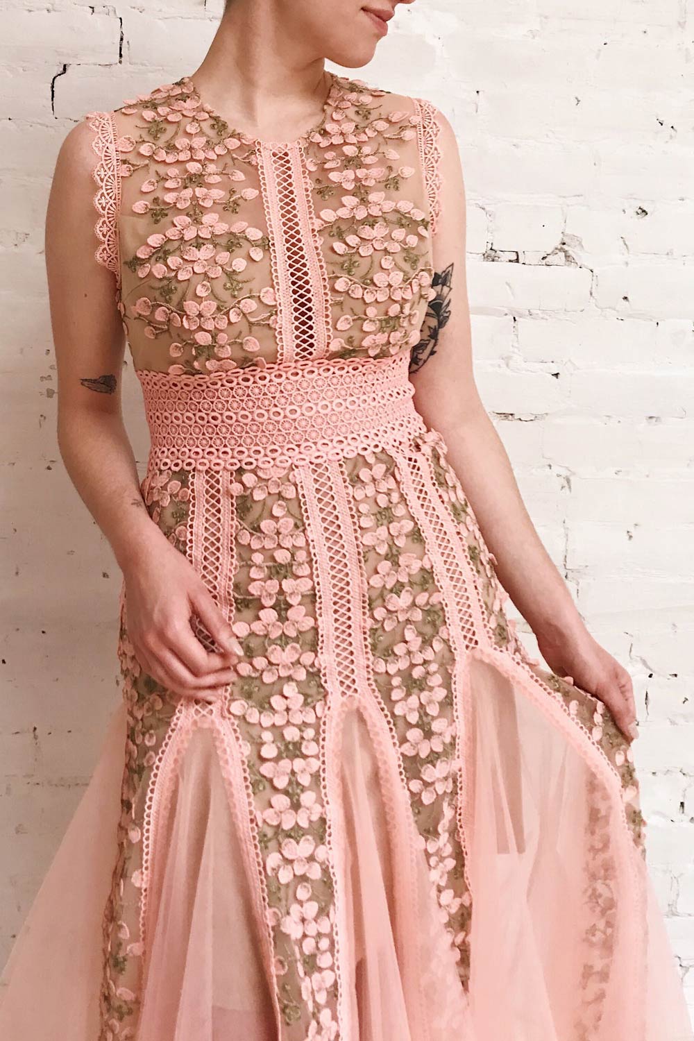 Cynosura Pink & Taupe Mesh Embroidered Maxi Dress | Boutique 1861 on model