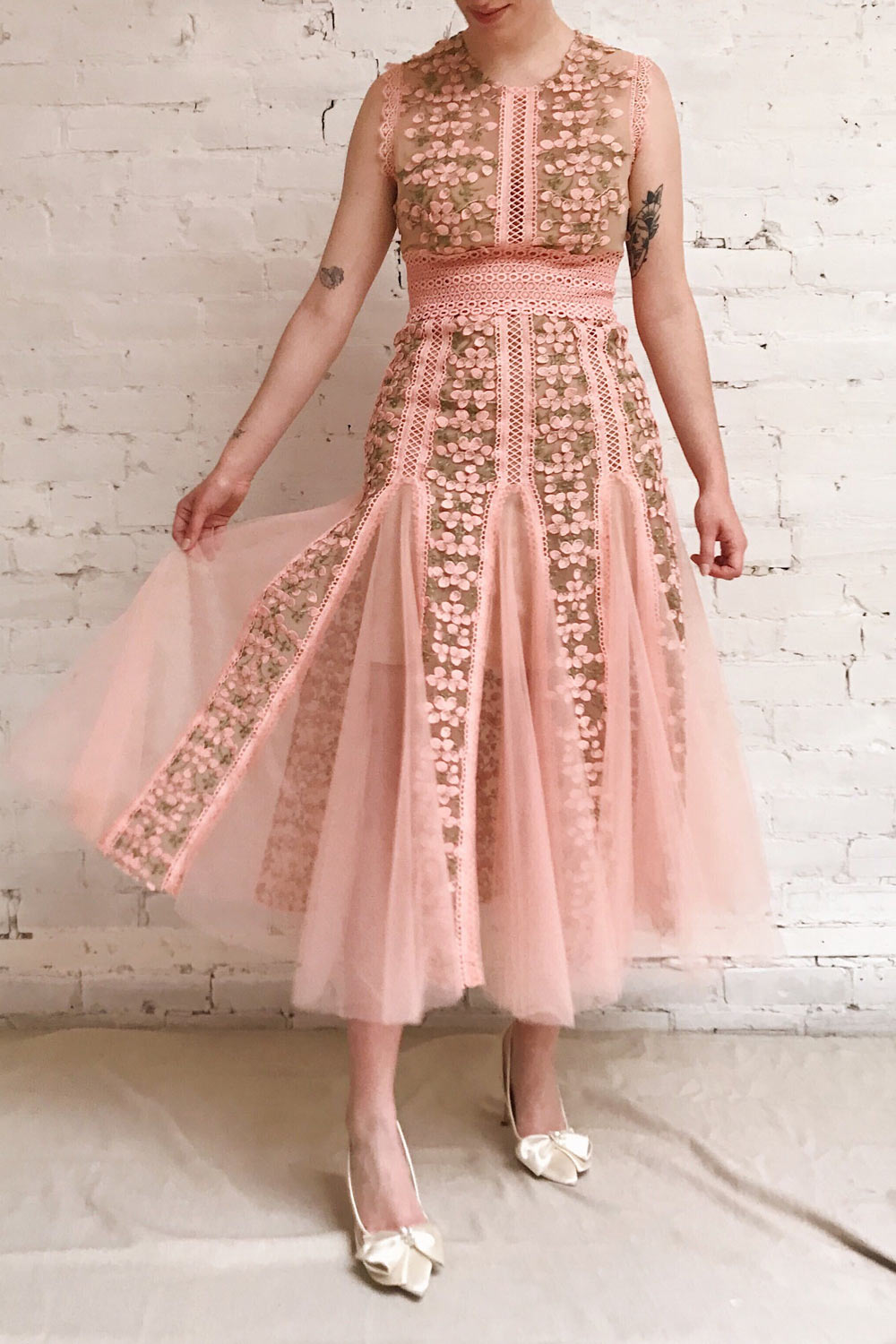 Cynosura Pink & Taupe Mesh Embroidered Maxi Dress | Boutique 1861 model look