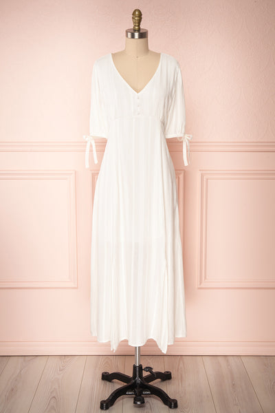 Czarne Daisy White Midi A-Line Dress with Puff Sleeves | FRONT VIEW | Boutique 1861
