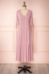 Czarne Lilac Midi A-Line Dress with Puff Sleeves | FRONT VIEW | Boutique 1861