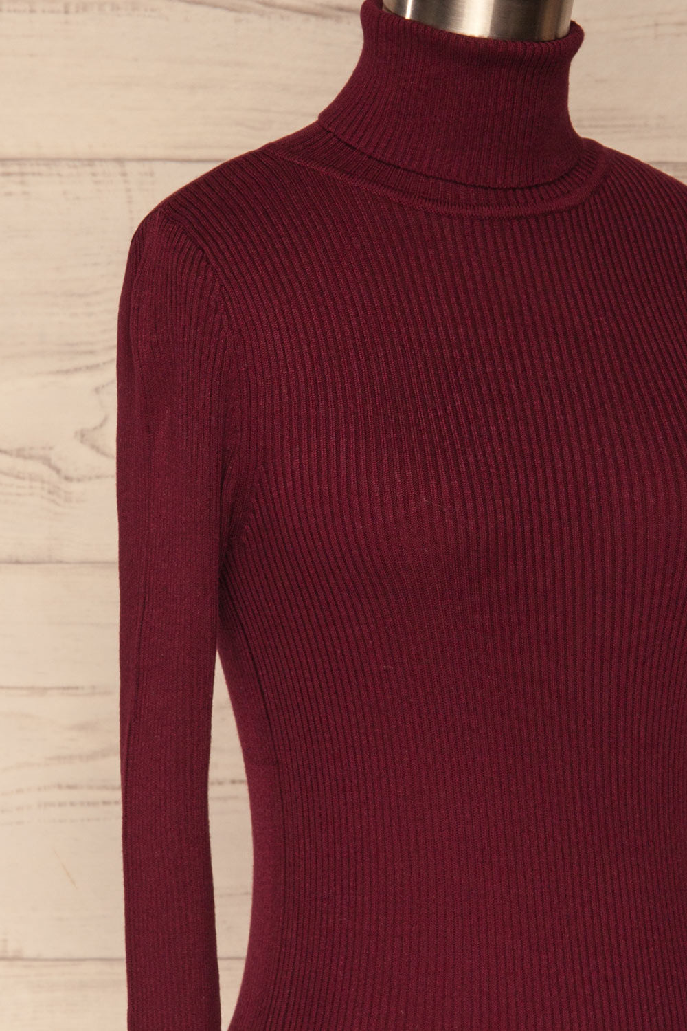 Dagsvik Burgundy Ribbed Turtleneck Top side close up | La Petite Garçonne