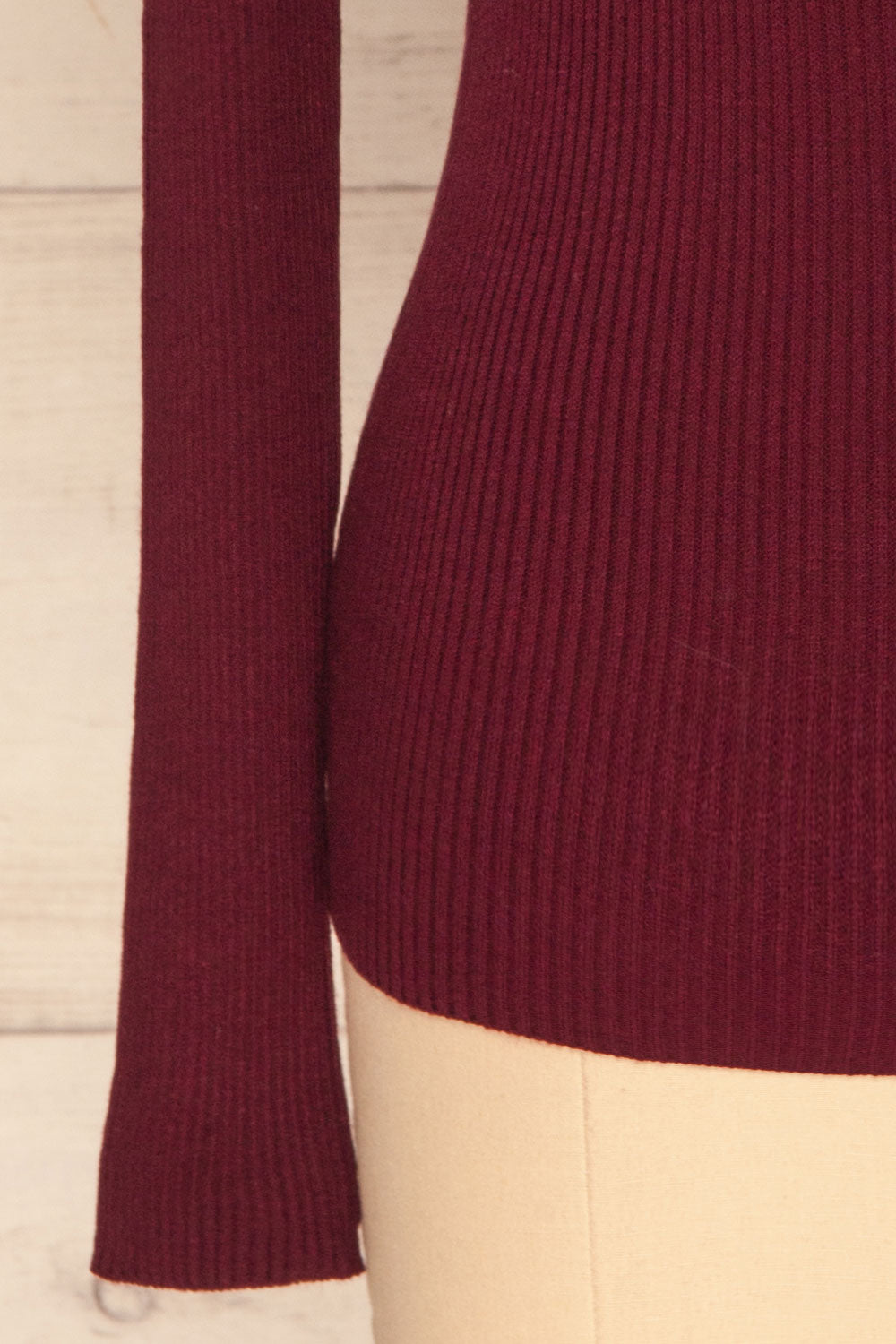 Dagsvik Burgundy Ribbed Turtleneck Top sleeve close up | La Petite Garçonne