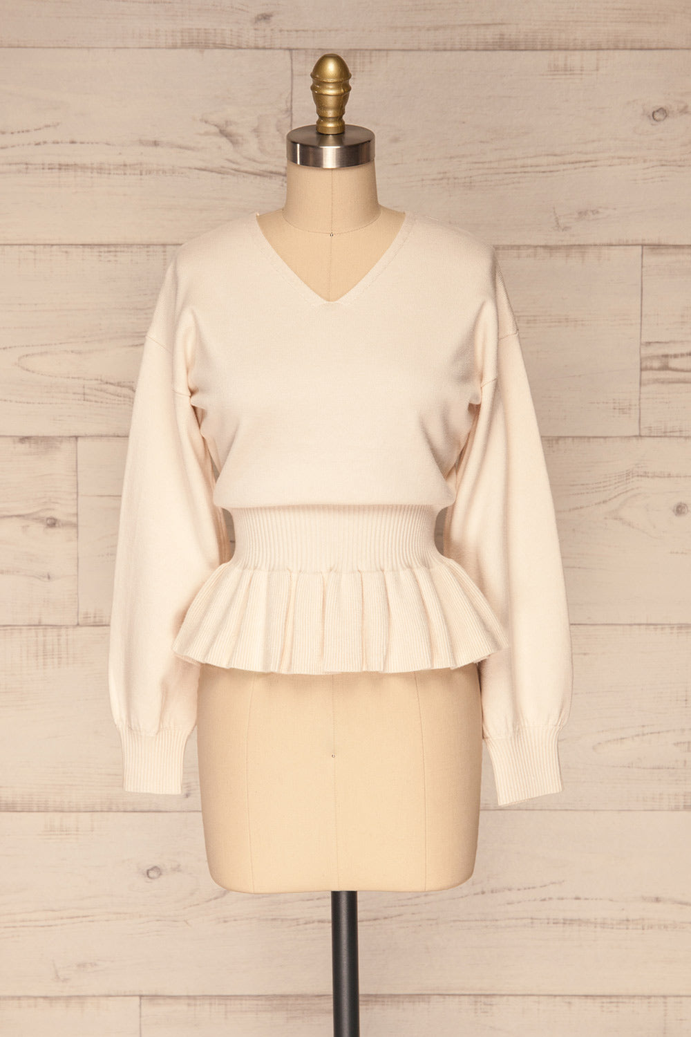 Daryna Beige Puff Sleeved Peplum Knit Top | La Petite Garçonne front view 