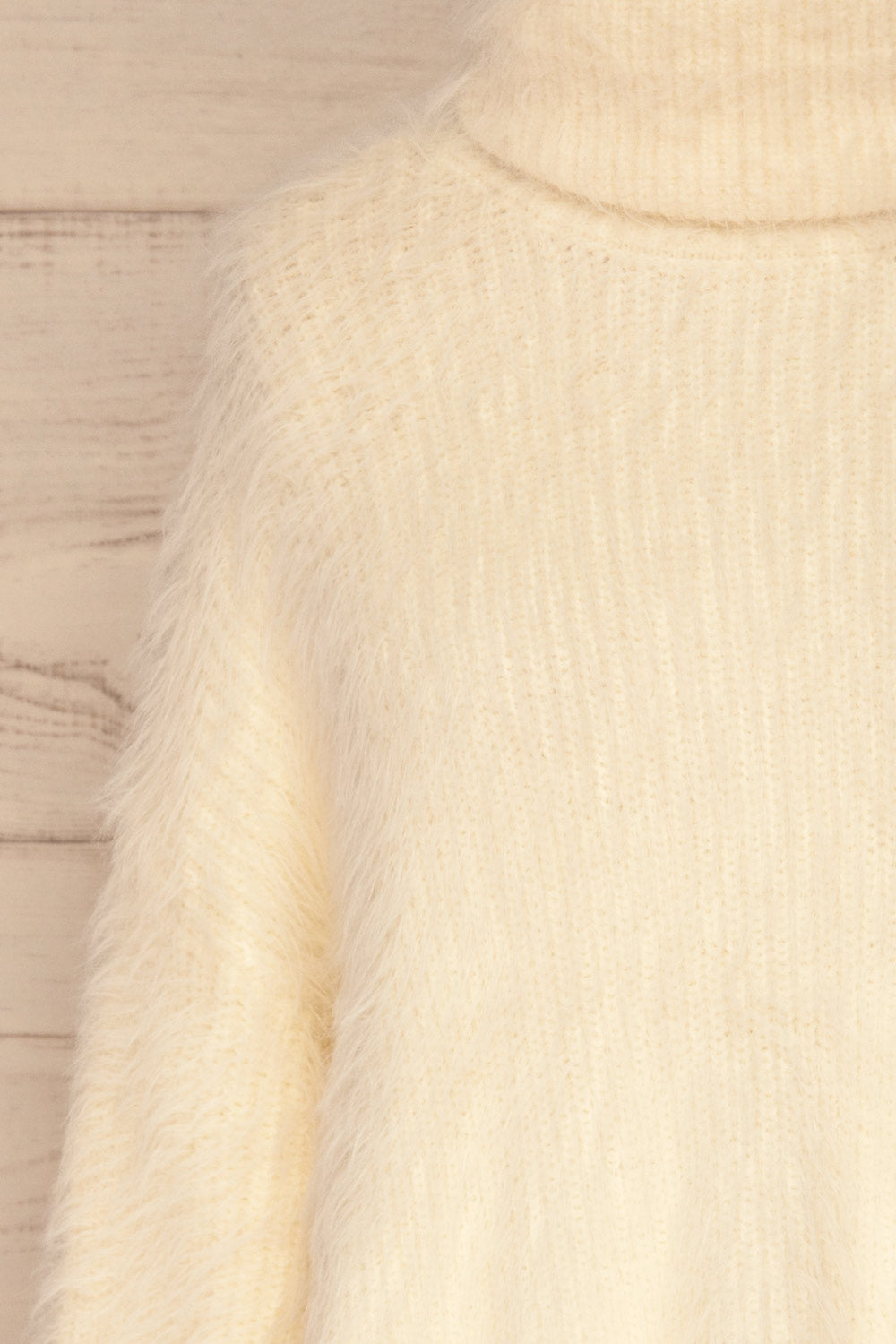 Dassel Ivory Fuzzy Turtleneck Top | La petite garçonne front close-up