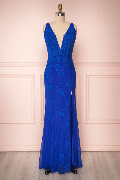 De Bourgh Ocean Blue Lace Mermaid Gown with Slit | Boutique 1861