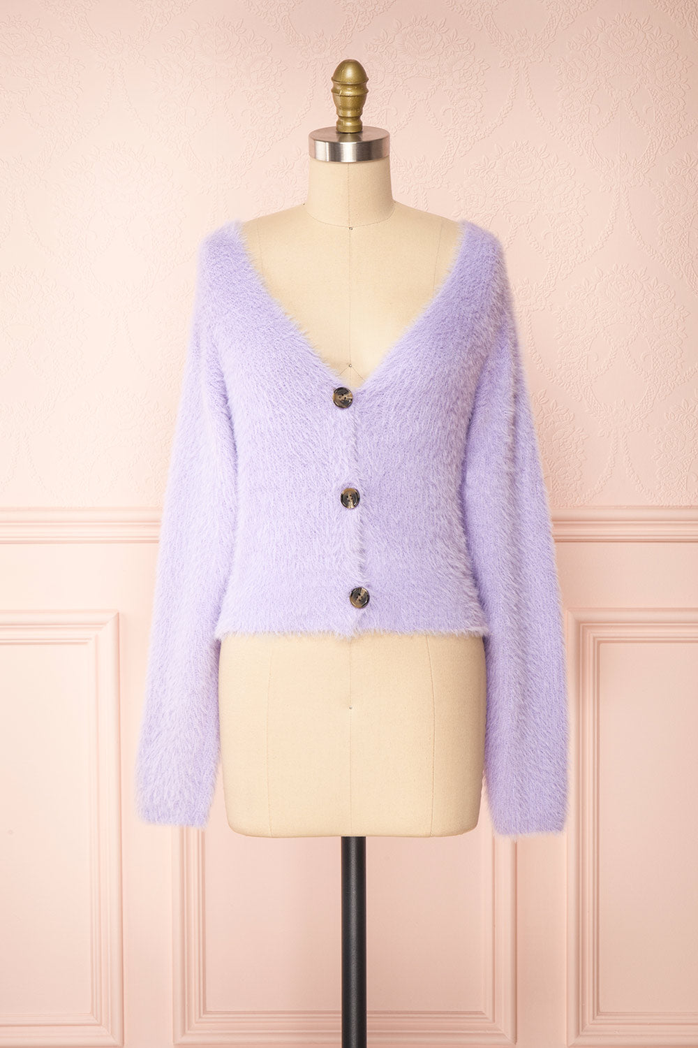 Delcia Lavender Fuzzy Button-Up Cardigan | Boutique 1861 front view 