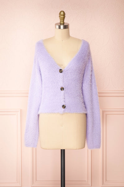Delcia Lavender Fuzzy Button-Up Cardigan | Boutique 1861 front view