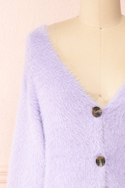 Delcia Lavender Fuzzy Button-Up Cardigan | Boutique 1861 front close-up
