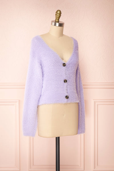 Delcia Lavender Fuzzy Button-Up Cardigan | Boutique 1861 side view