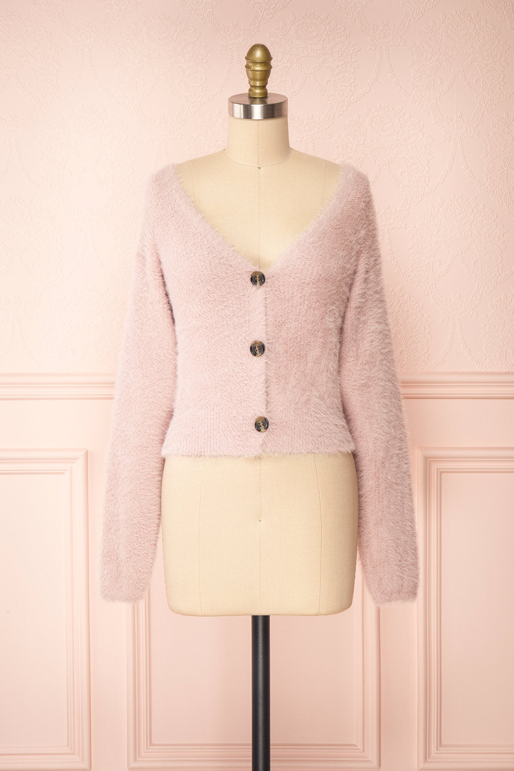 Delcia Pink Fuzzy Button-Up Cardigan | Boutique 1861 front view 