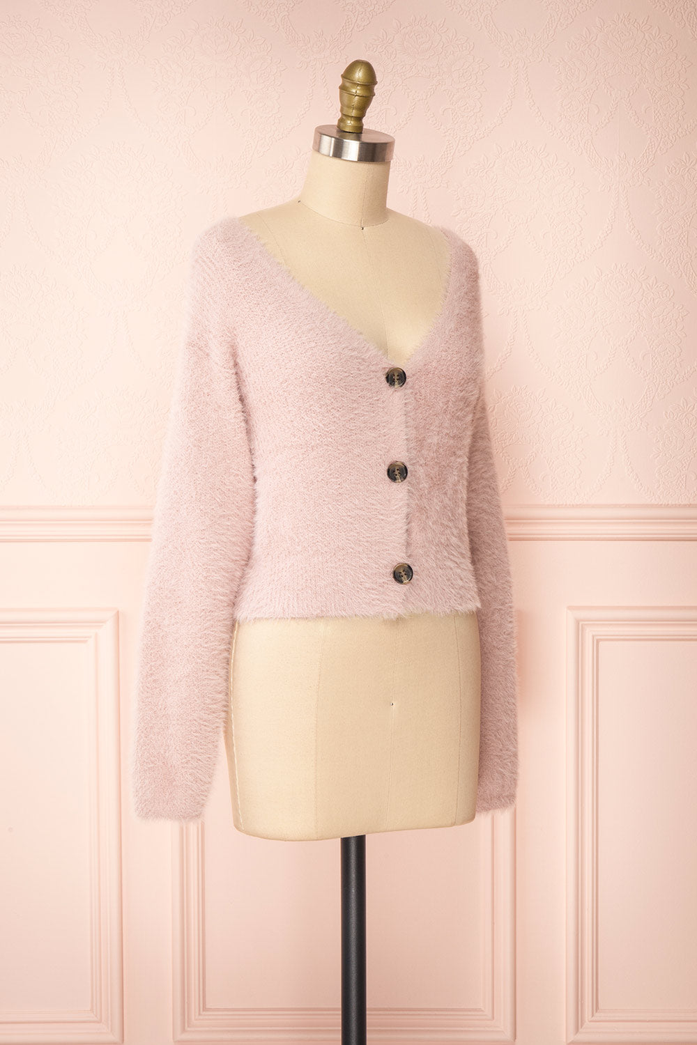 Delcia Pink Fuzzy Button-Up Cardigan | Boutique 1861 side view 