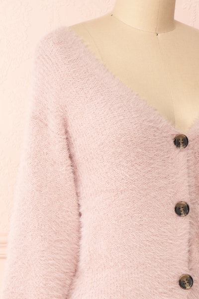 Delcia Pink Fuzzy Button-Up Cardigan | Boutique 1861 side close-up