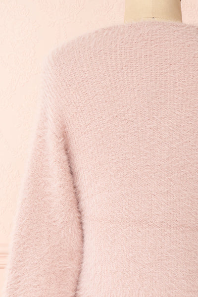 Delcia Pink Fuzzy Button-Up Cardigan | Boutique 1861 back close-up